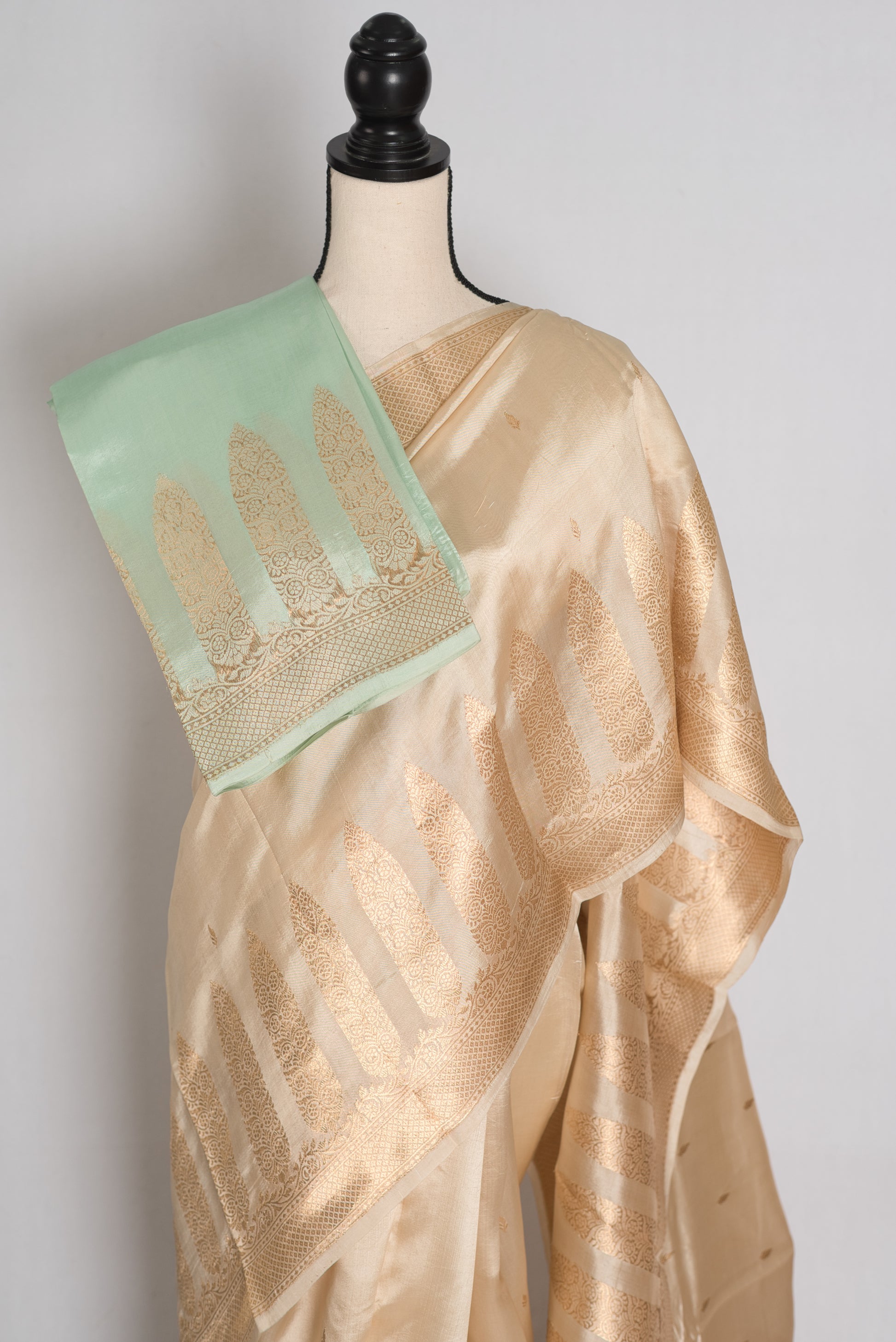 Shweta : Cream and Gold Satin Katan Silk Banarasi Saree | Silk Mark Certified image 2