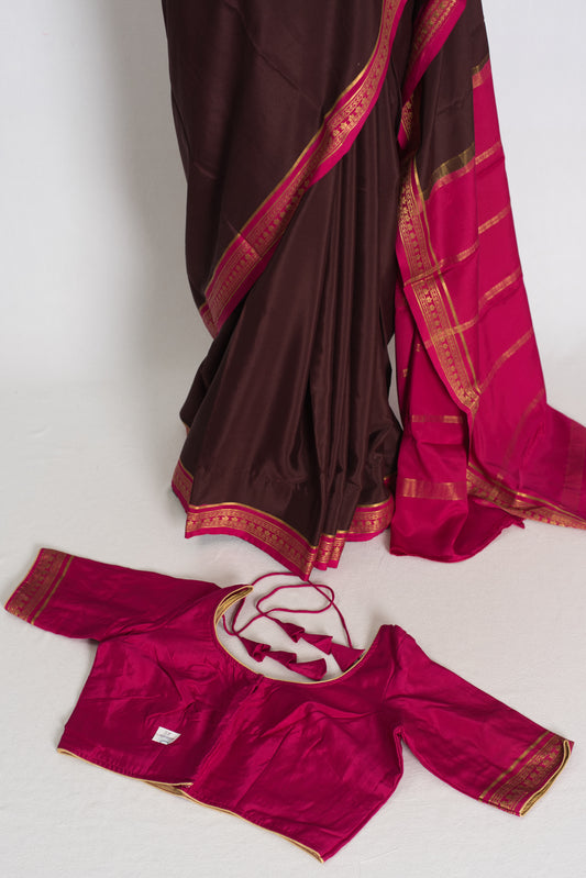 Devi : Brown and Pink Pure Mysore Crepe Silk Saree with 38 Size Stitched Blouse image 1