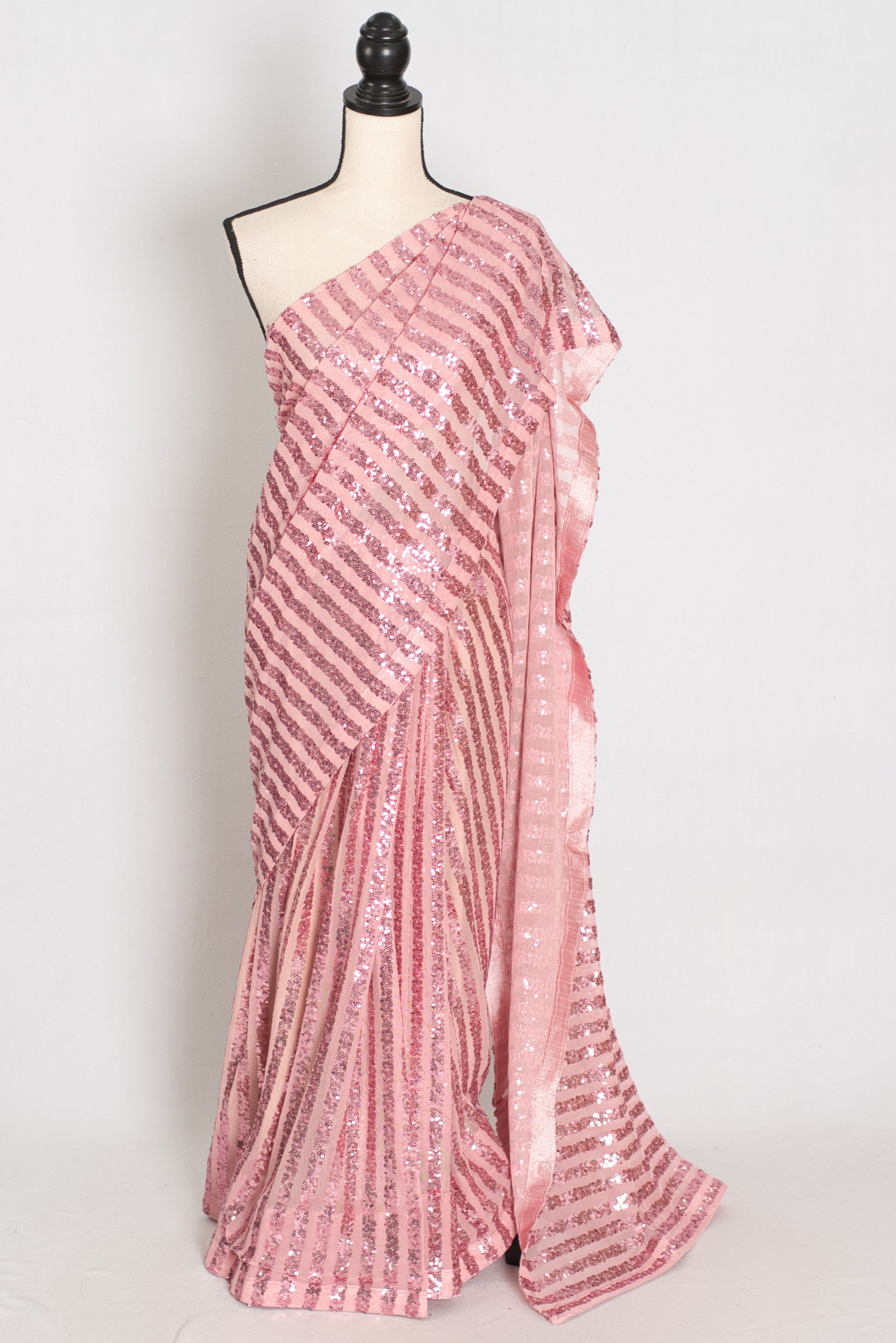 Afrin | Pink Soft Net Sequin Saree | Linear Shimmer Stripe Patterns image 0