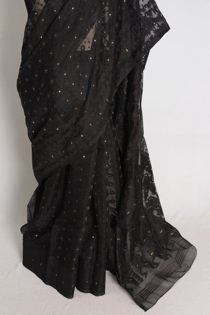 Koli : Midnight Black and Gold Soft Blended Cotton Bengali Jamdani Saree image 5