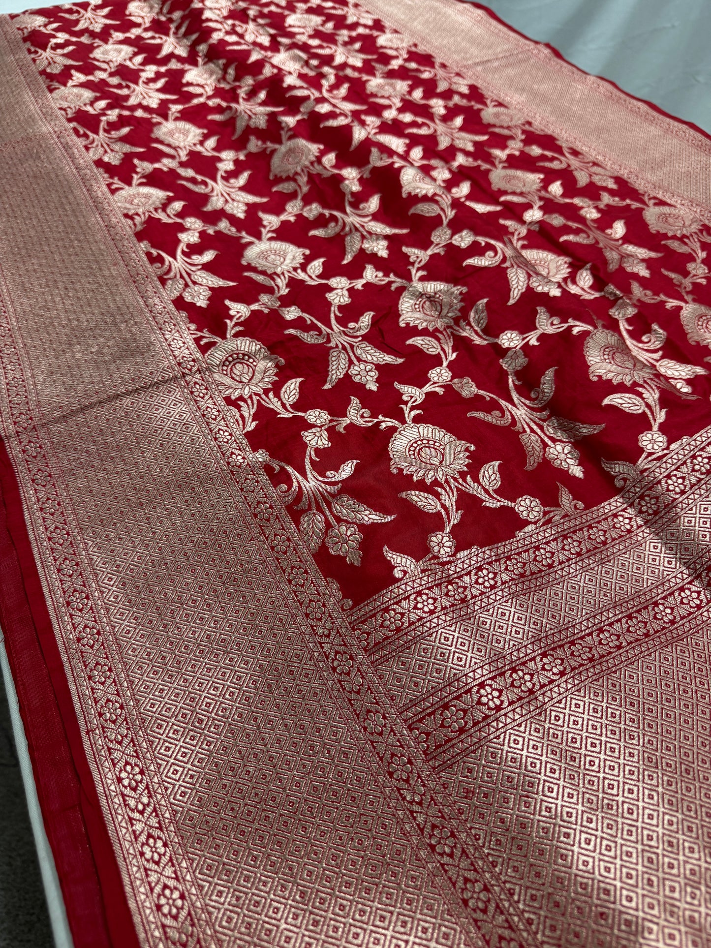Rukhmani : Silk Mark Certified Bridal Jaal Banarasi Katan Silk Saree in True Red image 0