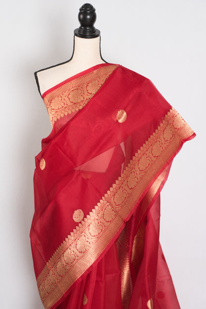 Ishq : Red and Gold Kora Organza Banarasi Saree with Stitched Blouse (Size 36) image 7