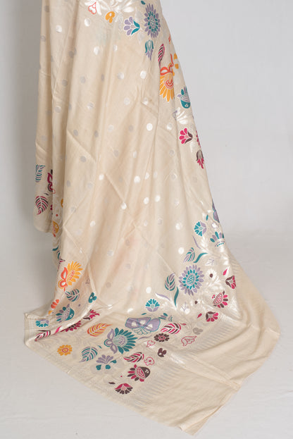 Afrin : Beige Tussar Georgette Banarasi Saree with Paithani Minakari Border image 3