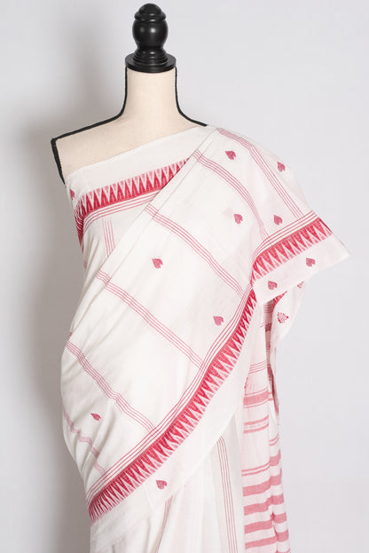 Shweta: White and Red Soft Cotton Dhaniakhali Bengali Saree image 2