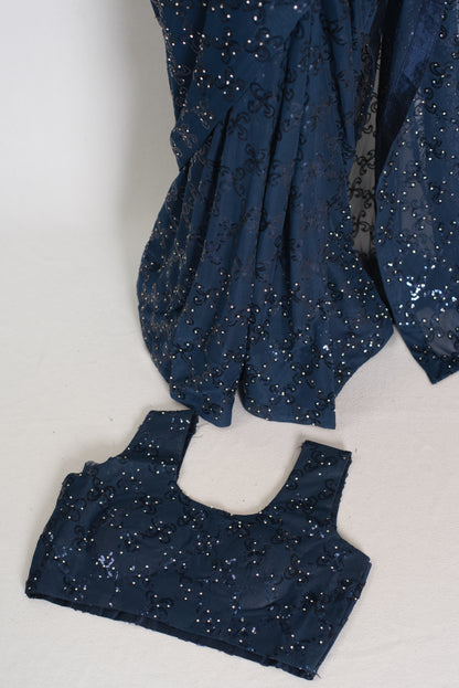 Maya | Midnight Blue Soft Net Sequin Saree | Bollywood Partywear image 4