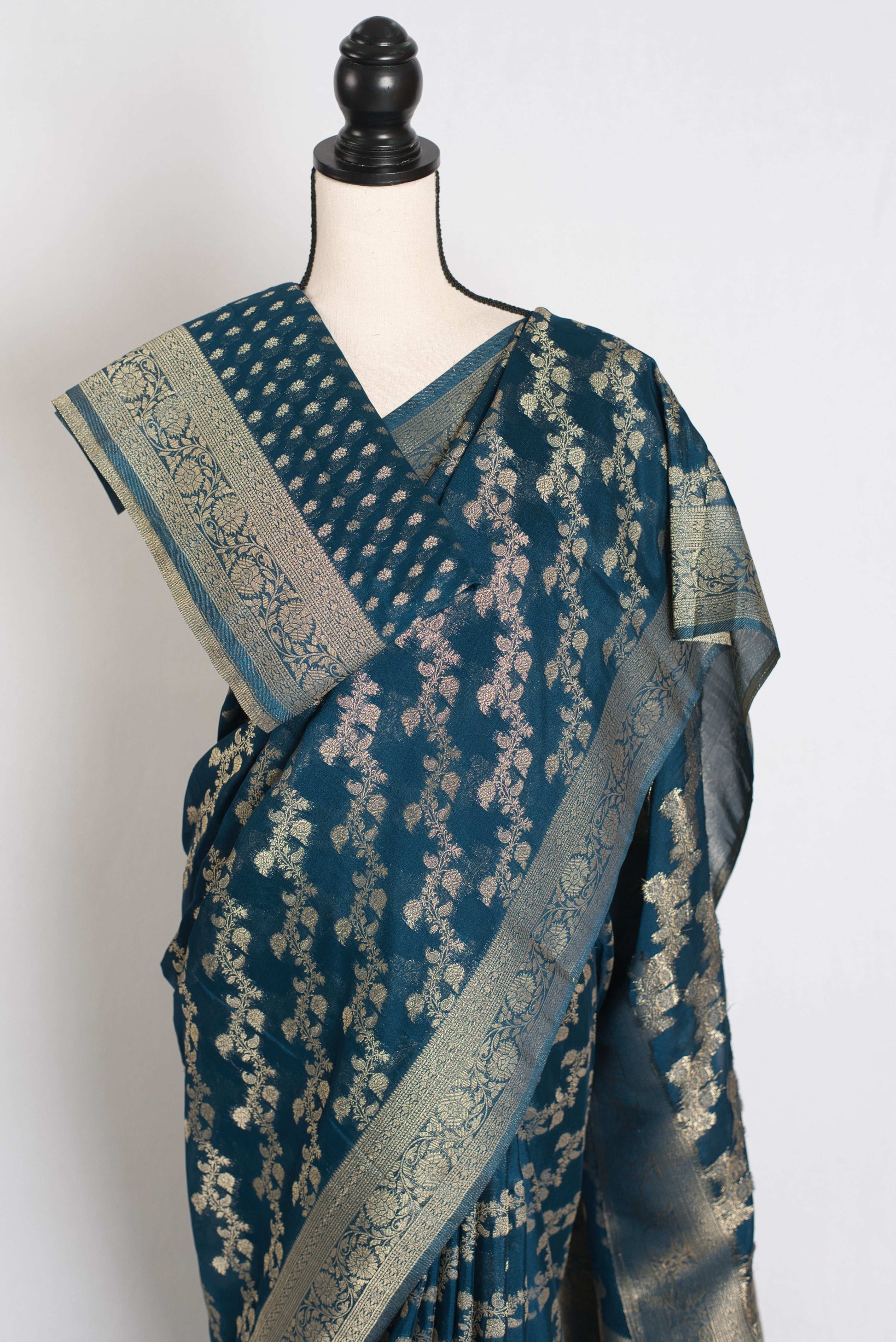 Mina : Semi Georgette Budget Friendly Banarasi Saree in Dark Blue image 4