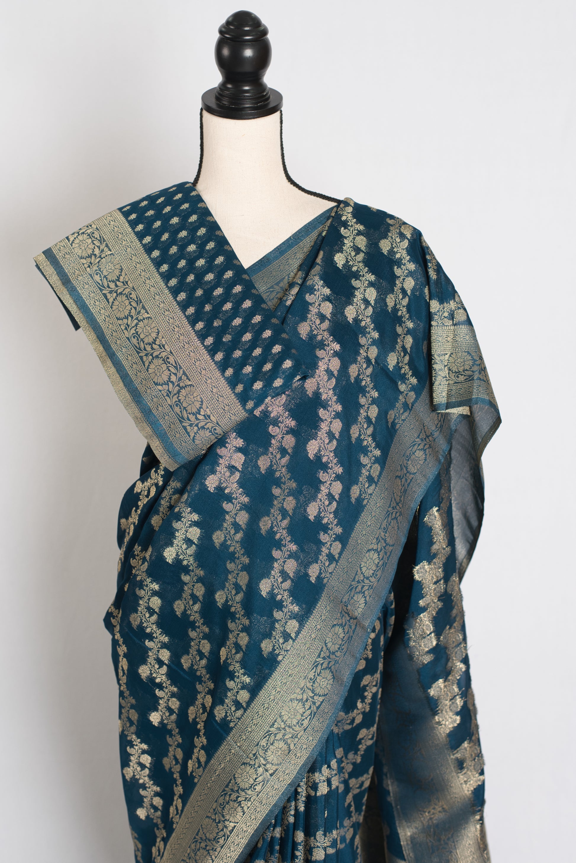 Mina : Semi Georgette Budget Friendly Banarasi Saree in Dark Blue image 4