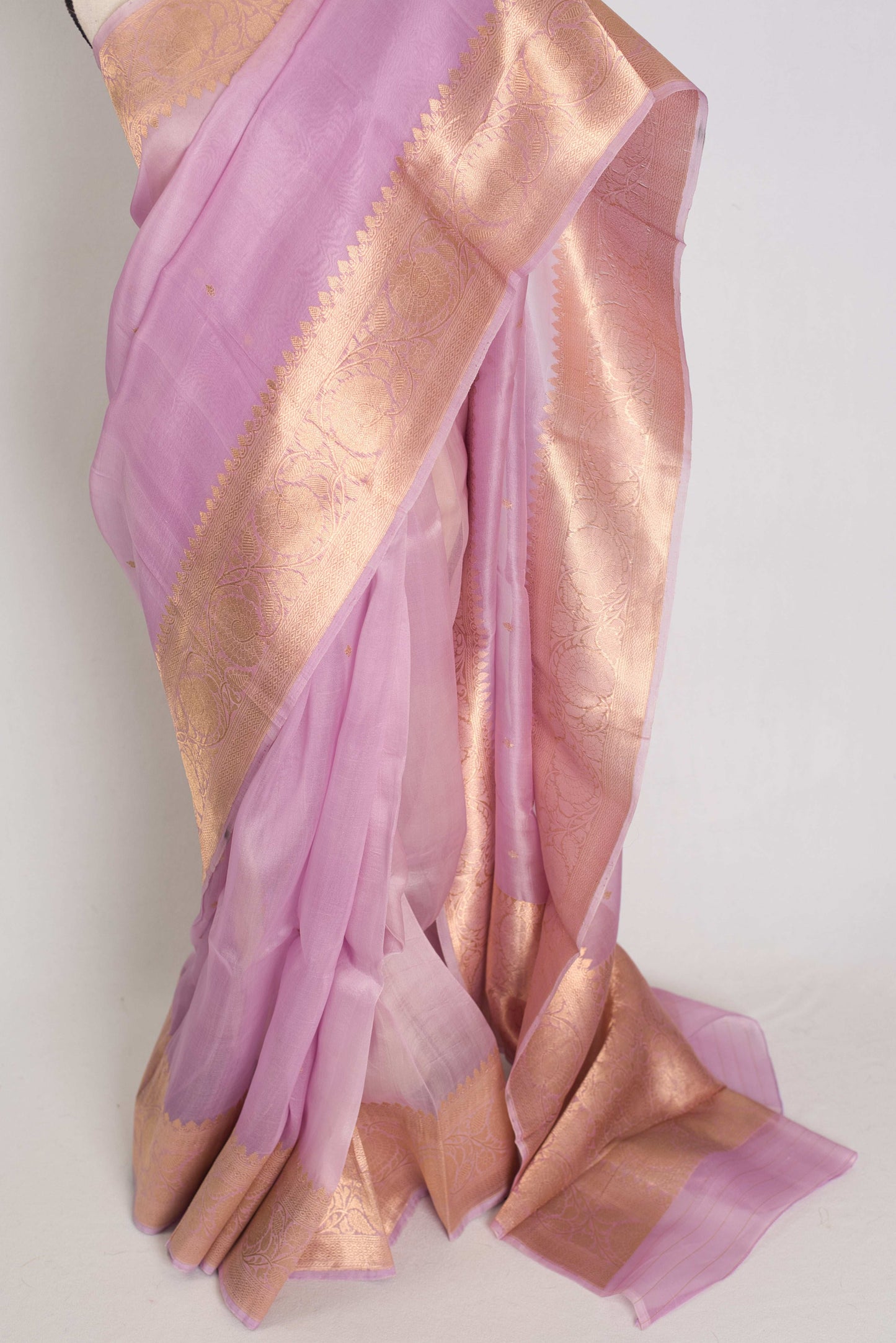 Afrin : Silk Mark Certified Mauve Kora Organza Banarasi Saree with Golden Zari image 5