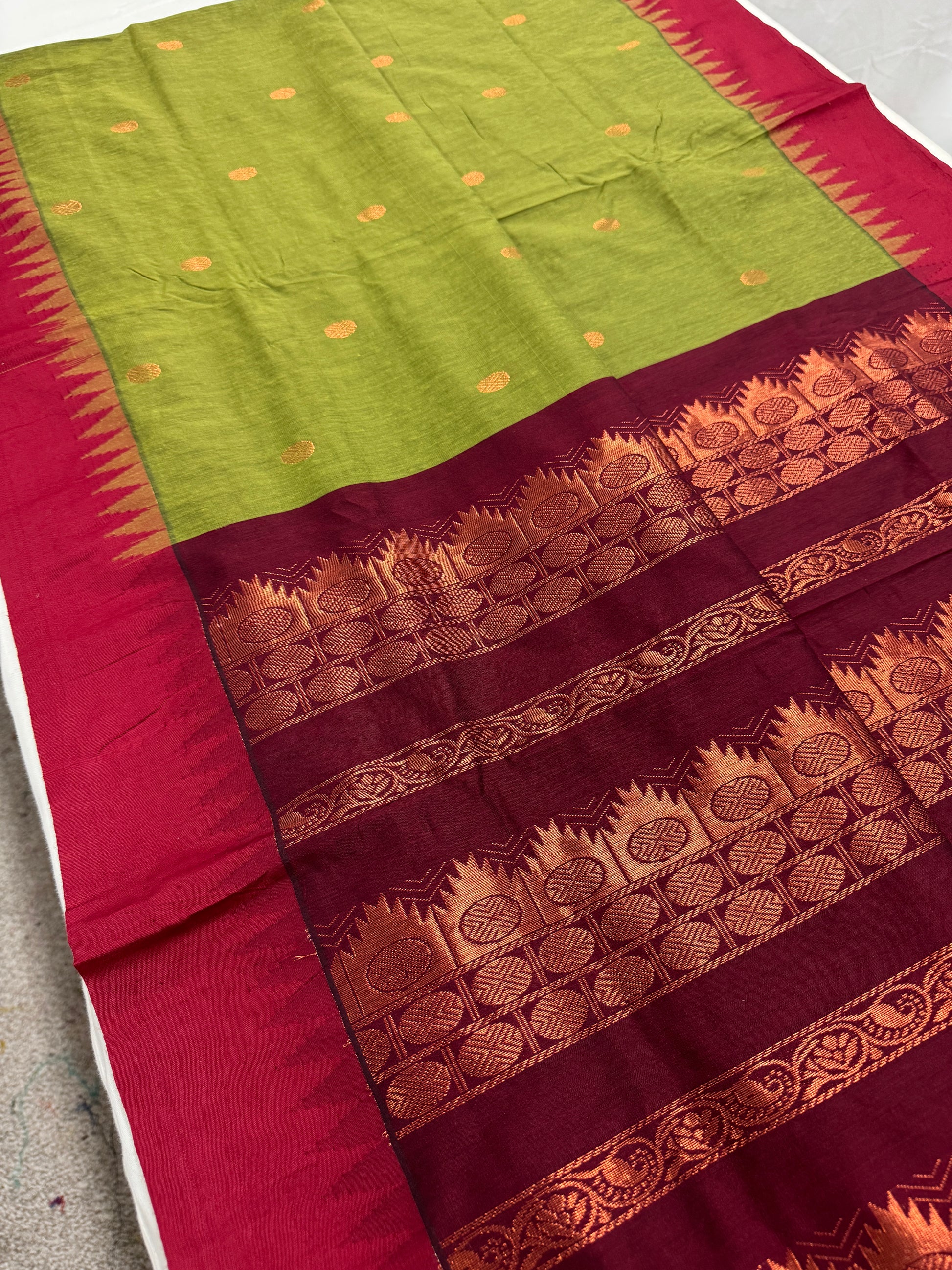 Sheuli : Blended Cotton Gadwal Saree in Moss Green and Red image 1