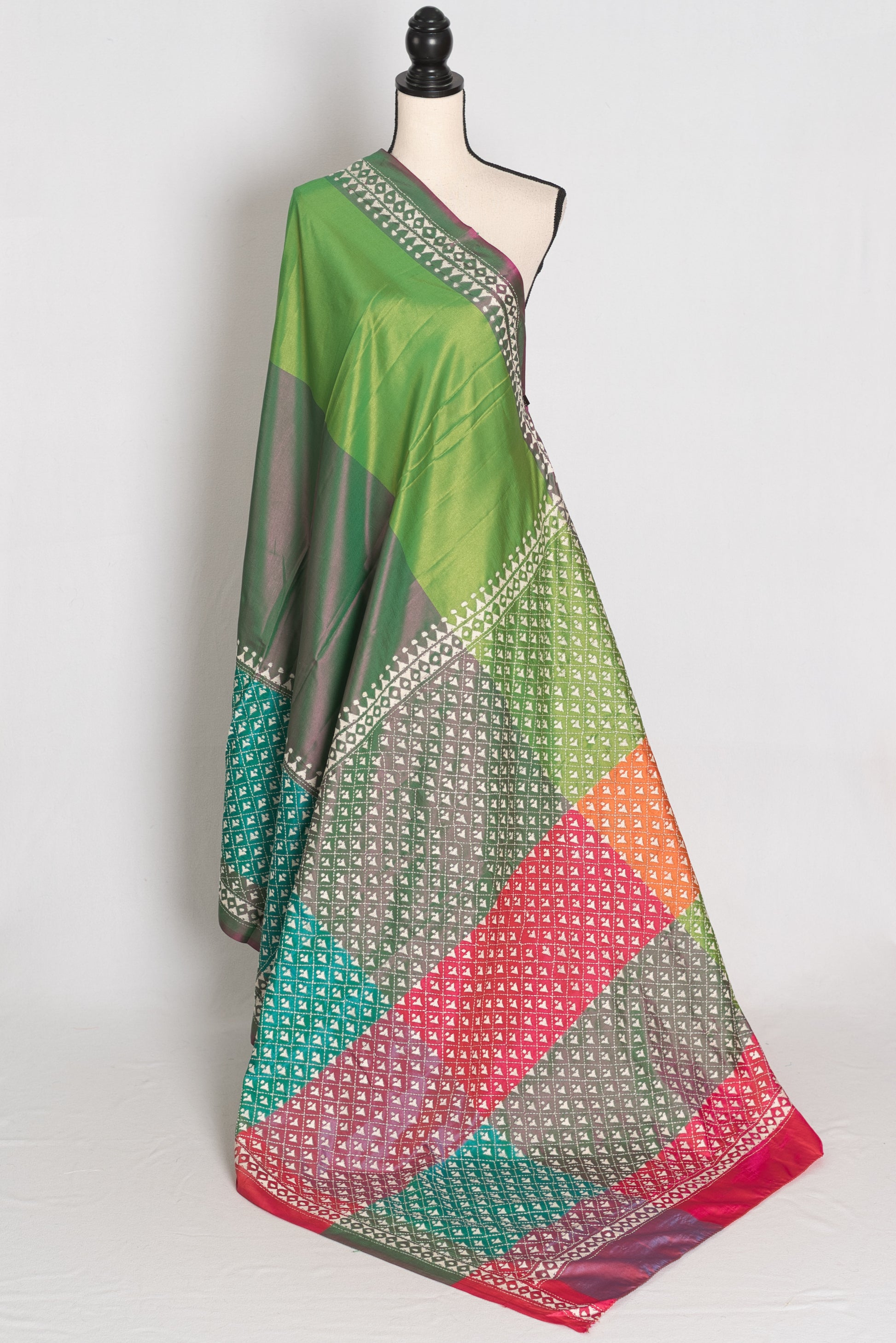 Damini : Green Semi Silk Kantha Embroidery Saree with 42 Size Stitched Blouse image 3