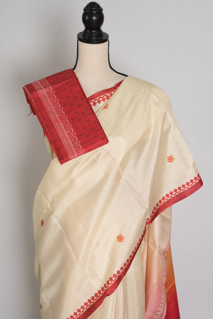 Durga: Cream and Red Semi Silk Printed Durga Puja Saree image 2