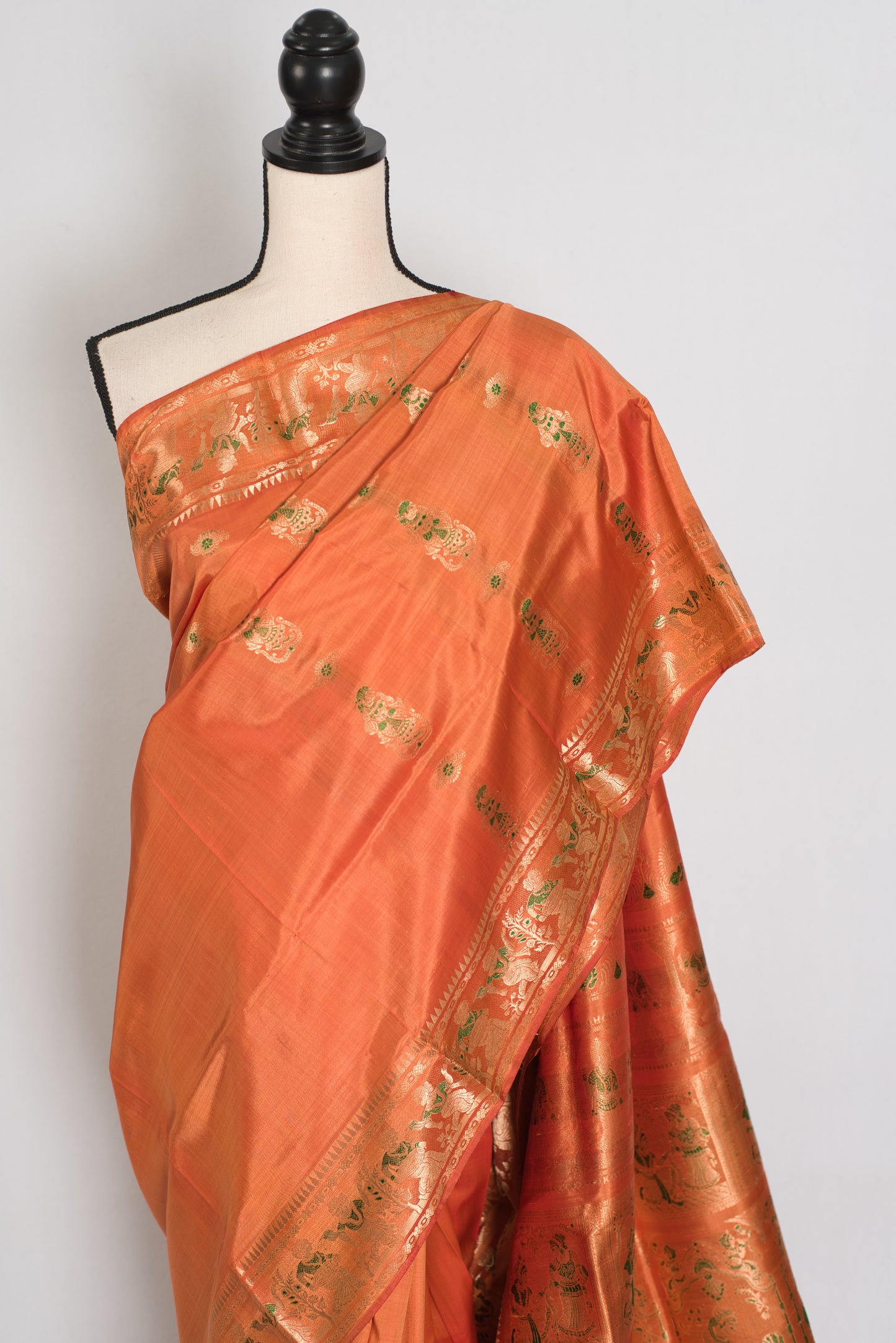 Gauri | Orange and Green Handwoven Bishnupuri Minakari Swarnachari Silk Saree image 5