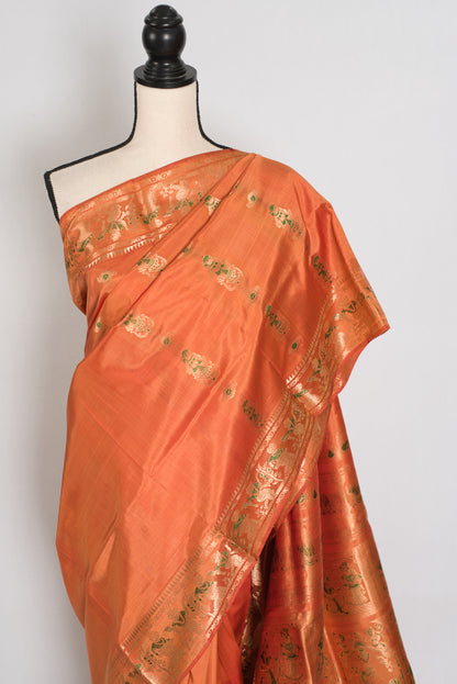 Gauri | Orange and Green Handwoven Bishnupuri Minakari Swarnachari Silk Saree image 5
