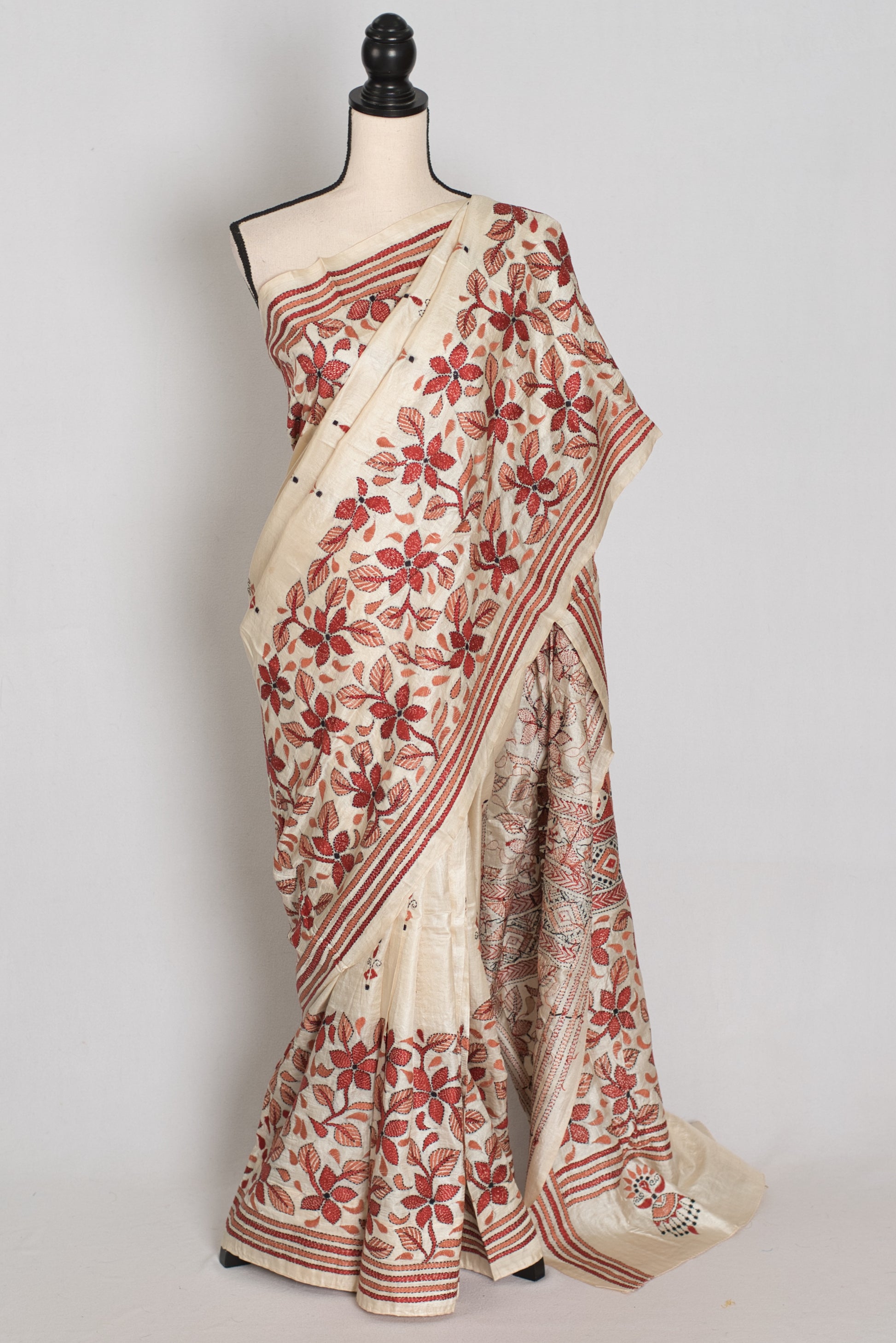 Nina : Cream and Brown Hand Embroidered Kantha Stitch Pure Bangalore Silk Saree image 0