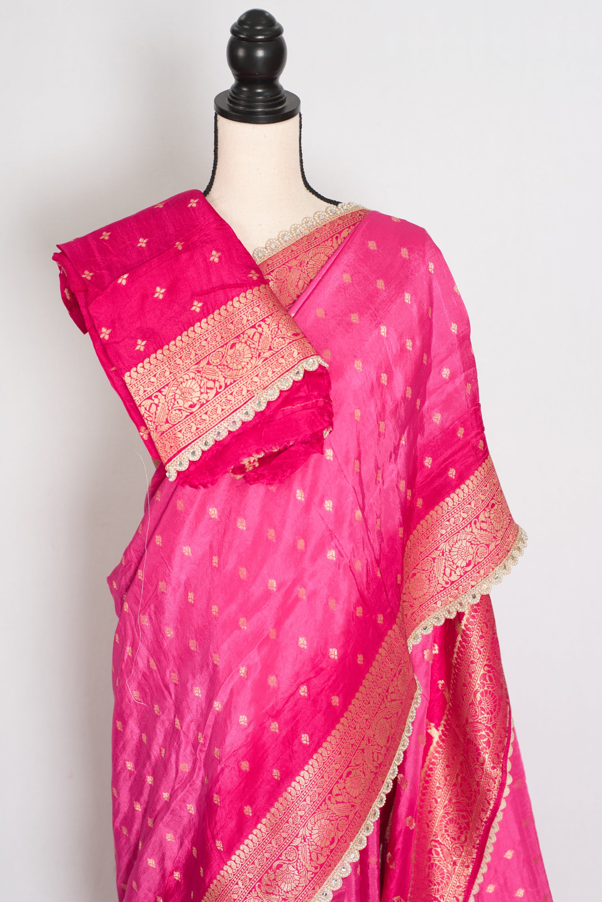 Abira | Pink & Gold Dola Silk Banarasi Saree | Designer Stitched Lace Border image 1