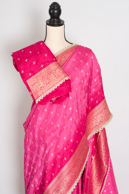 Abira | Pink & Gold Dola Silk Banarasi Saree | Designer Stitched Lace Border image 1