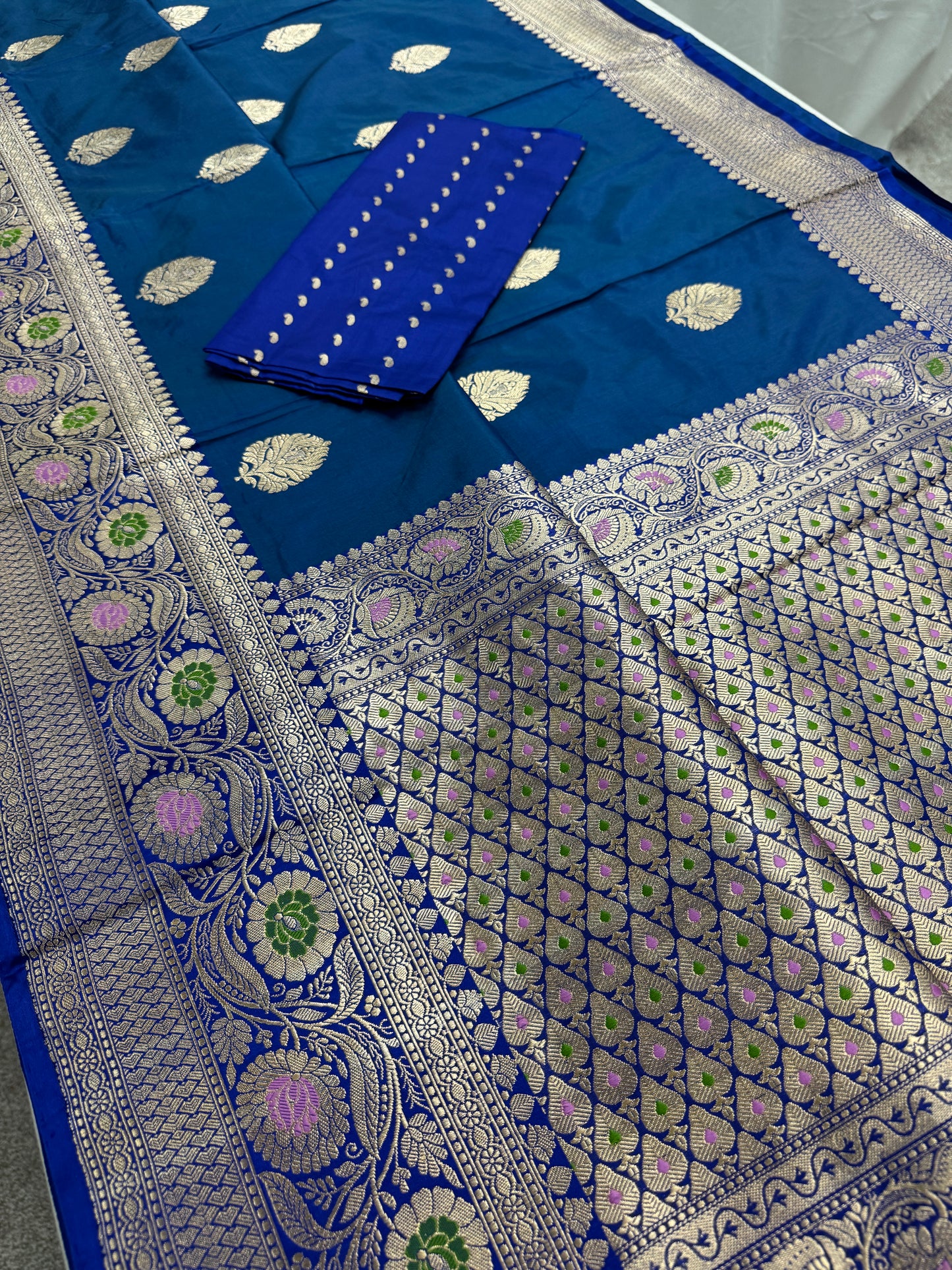 Indulekha : Silk Mark Certified Blue Banarasi Saree with Meenakari Work image 1