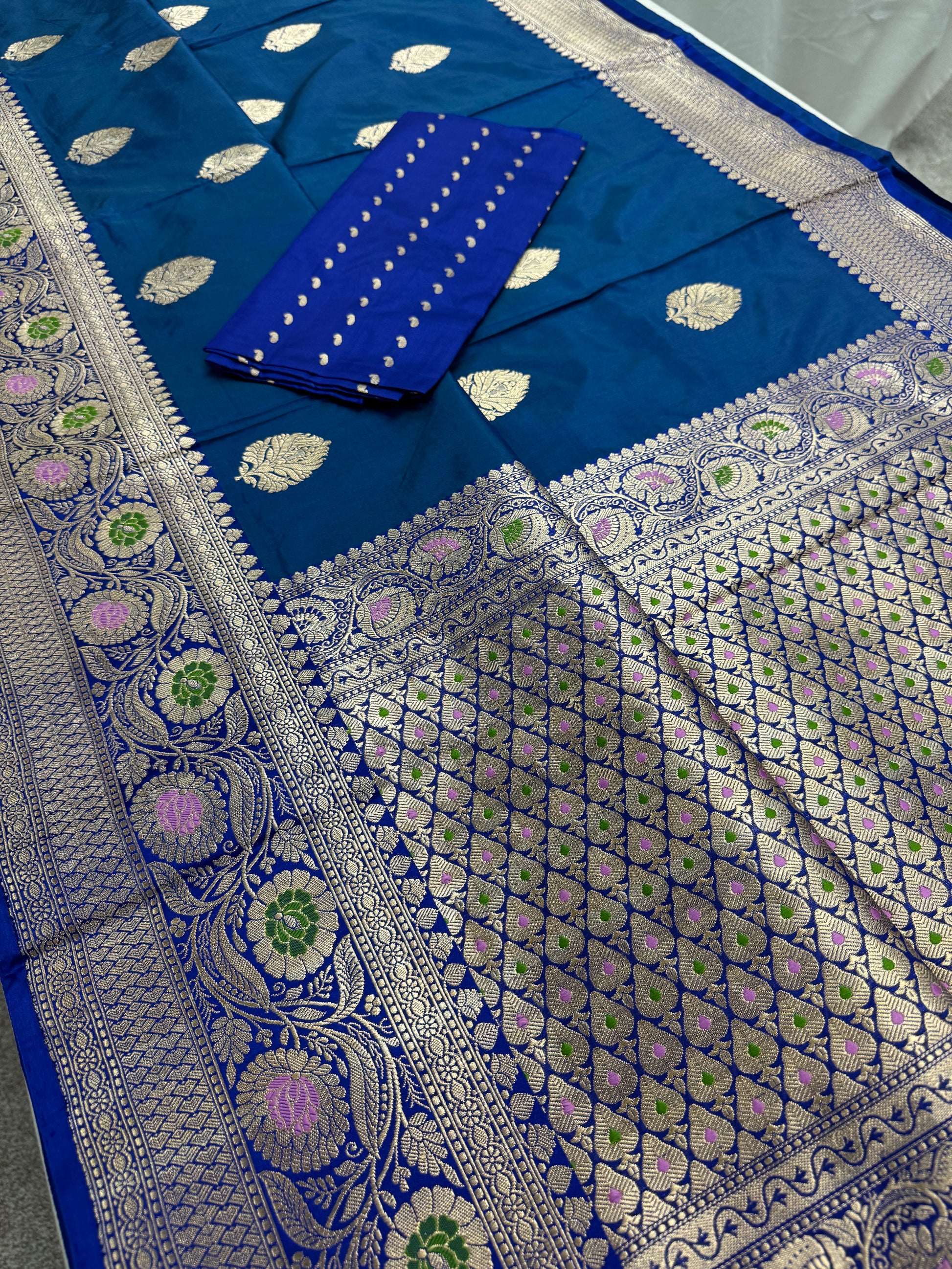 Indulekha : Silk Mark Certified Blue Banarasi Saree with Meenakari Work image 1