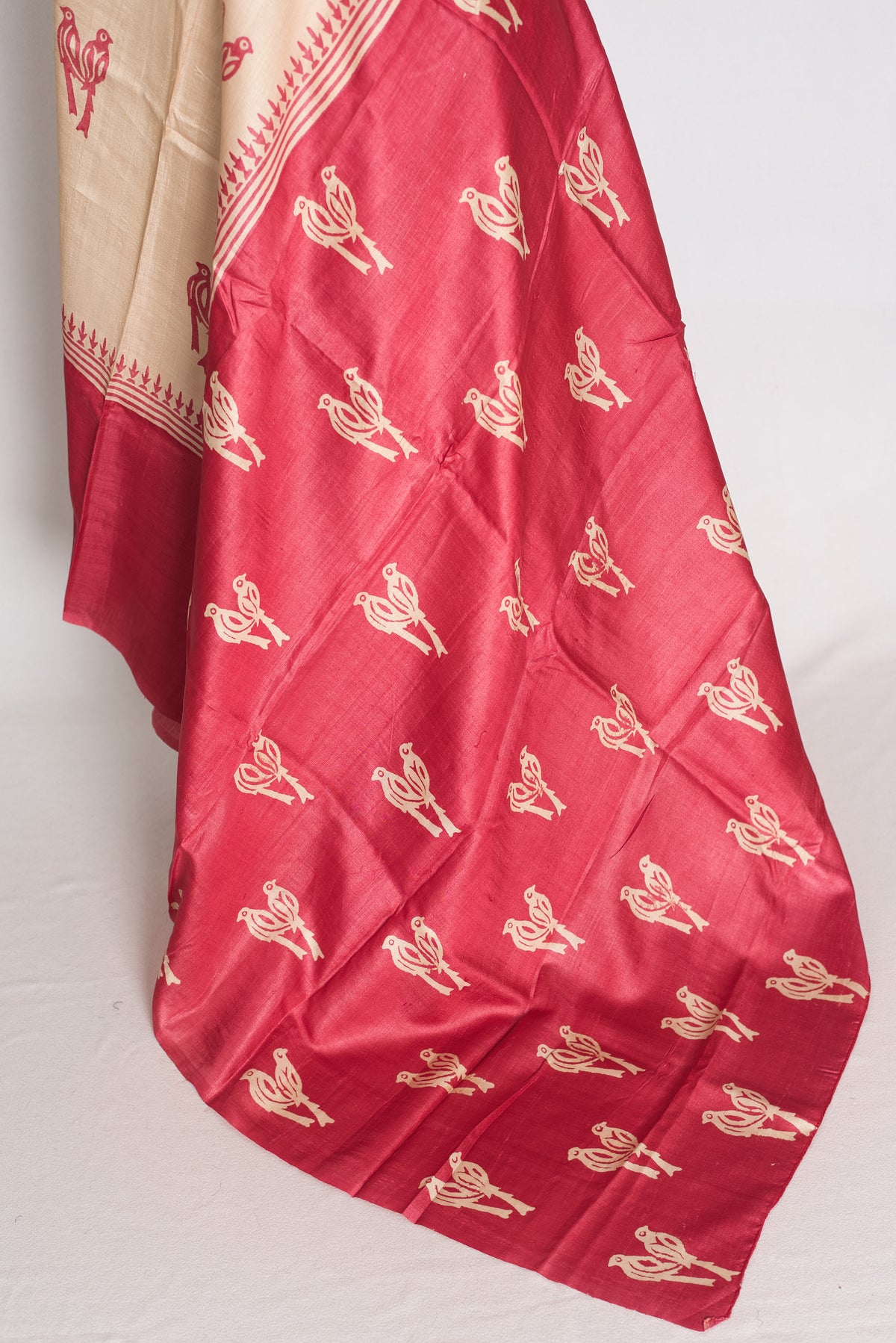 Mahi : Cream and Pink Bird Block Printed Tussar Silk Saree with 38 Size Blouse image 6