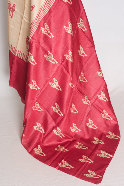 Mahi : Cream and Pink Bird Block Printed Tussar Silk Saree with 38 Size Blouse image 6