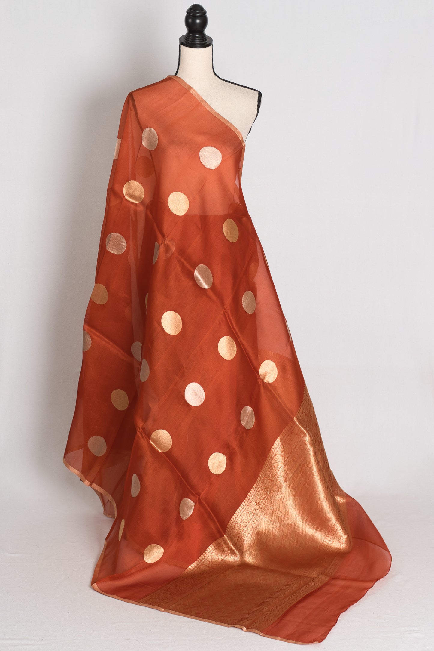 Ira : Rust Brown and Gold Polka Dot Kora Organza Banarasi Saree | Silk Mark image 1