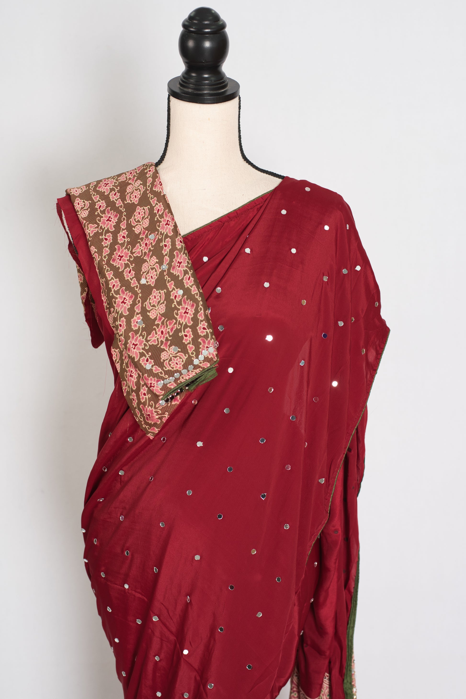 Mouli | Brick Red Mirror Work Partywear Ajrakh Saree | Soft Semi Modal Silk image 2