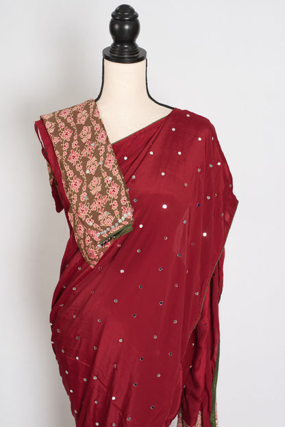 Mouli | Brick Red Mirror Work Partywear Ajrakh Saree | Soft Semi Modal Silk image 2