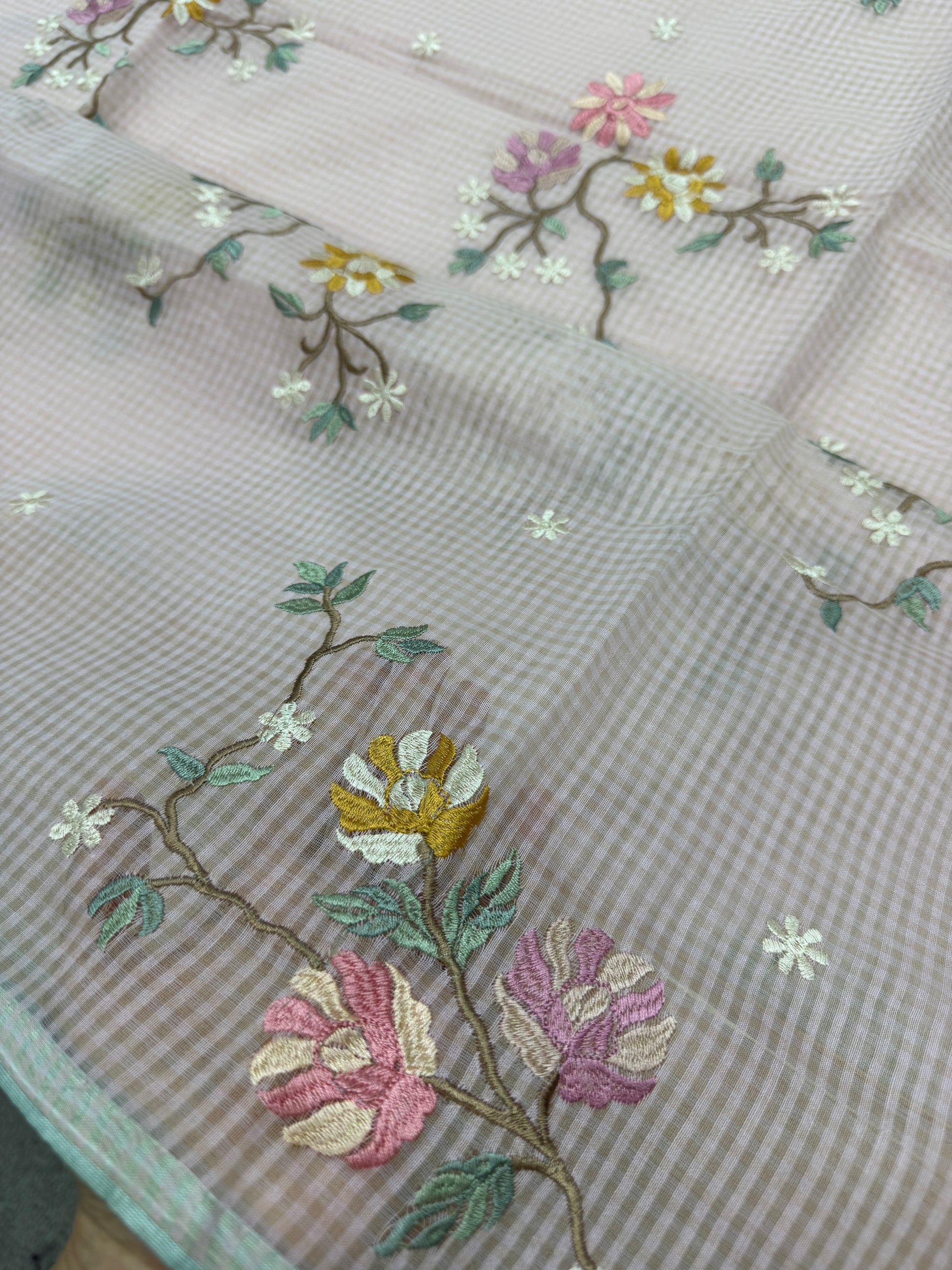 Rohini | Pink Floral Embroidery Blended Cotton Kota Saree image 3