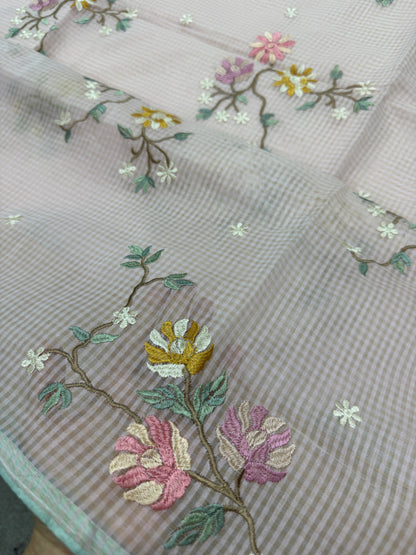 Rohini | Pink Floral Embroidery Blended Cotton Kota Saree image 3