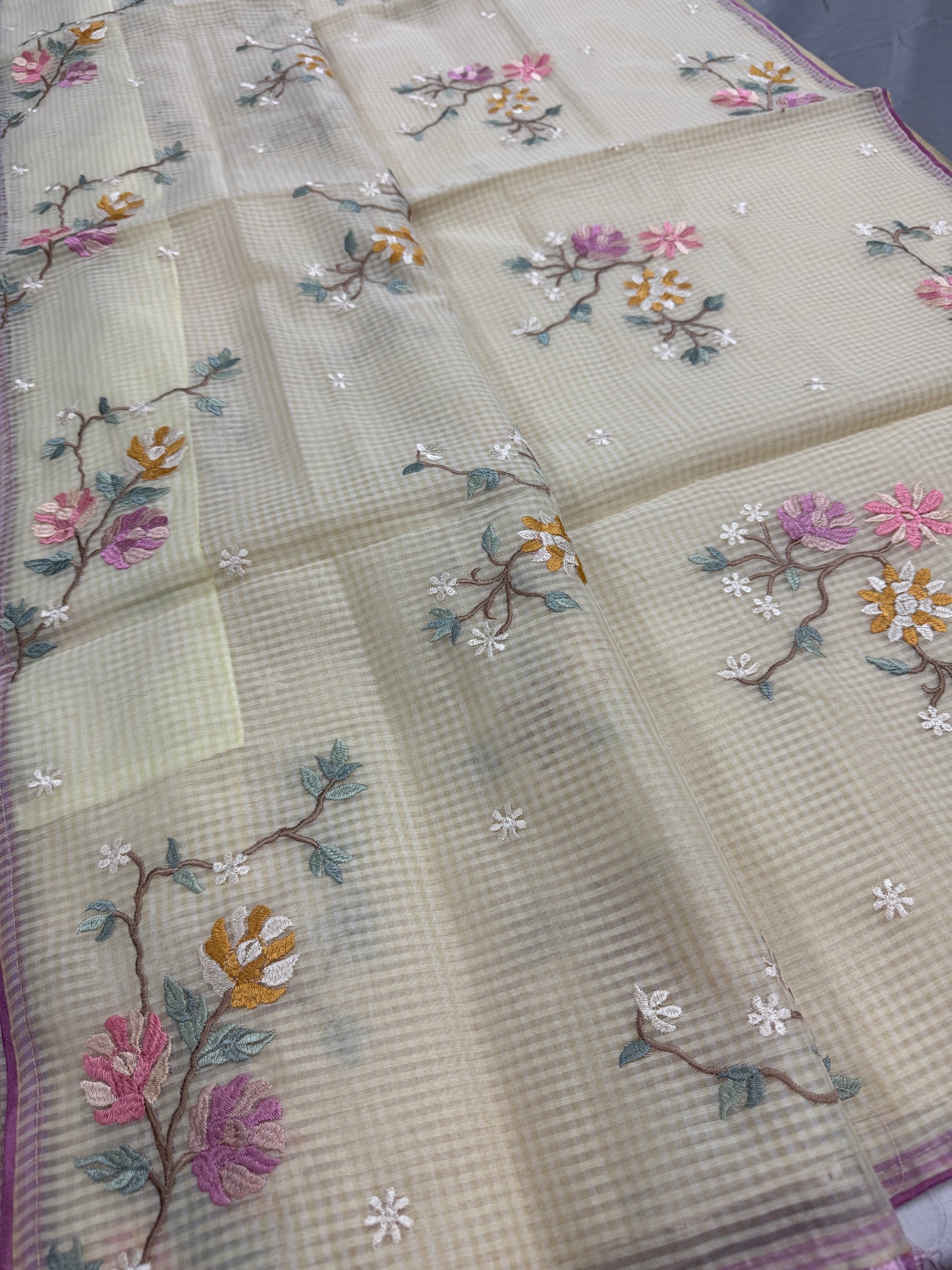 Srija | Yellow Floral Embroidery Blended Cotton Kota Saree image 4