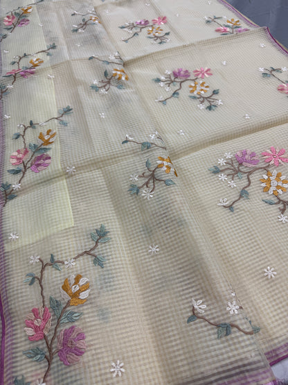 Srija | Yellow Floral Embroidery Blended Cotton Kota Saree image 4
