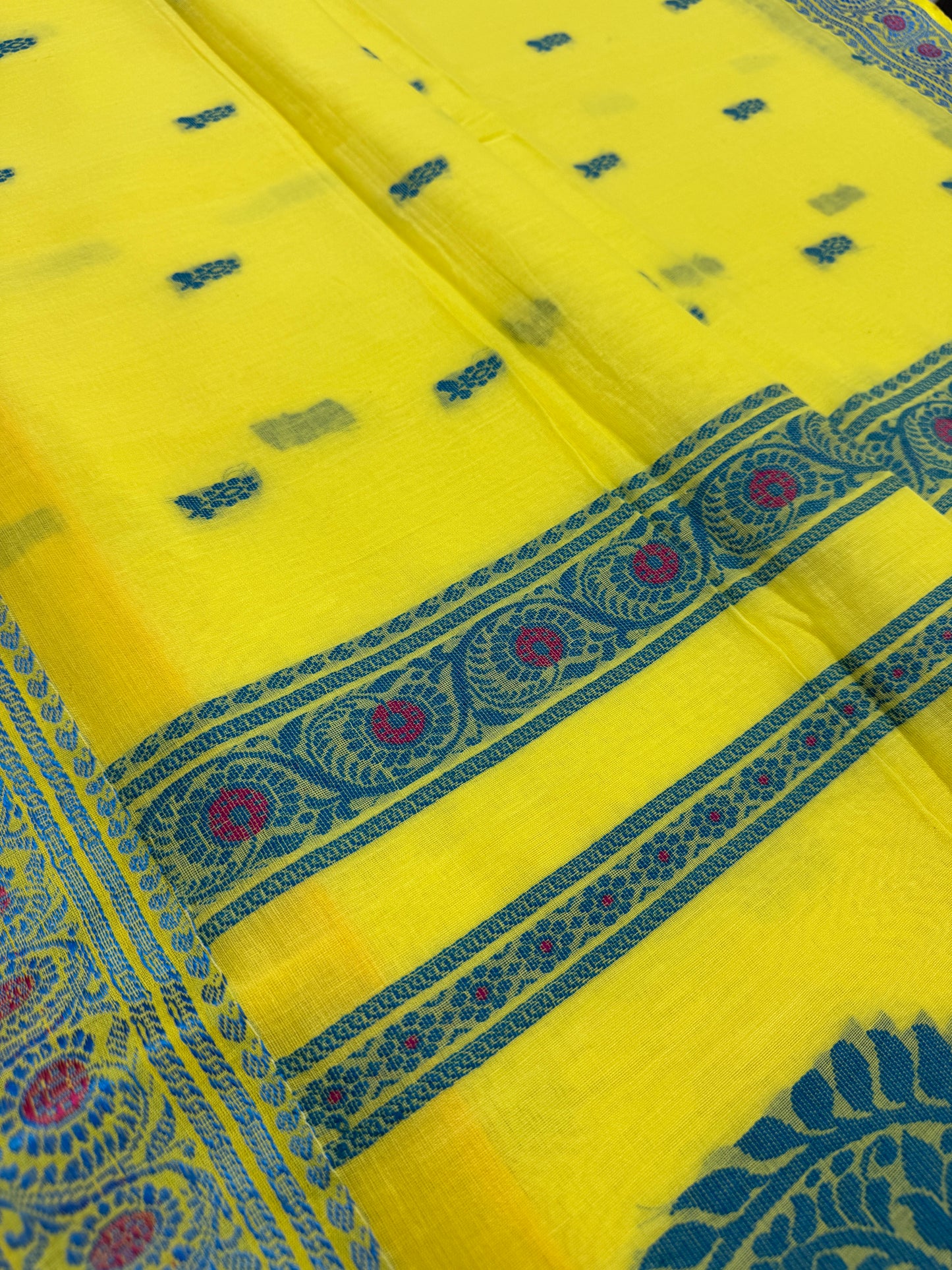 Sejuti : Bright Yellow and Teal Cotton Baluchari Saree image 4