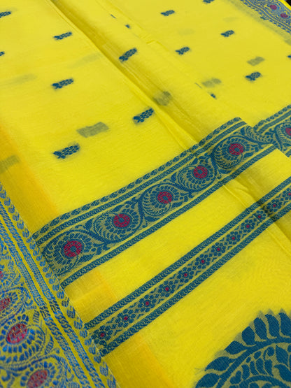 Sejuti : Bright Yellow and Teal Cotton Baluchari Saree image 4