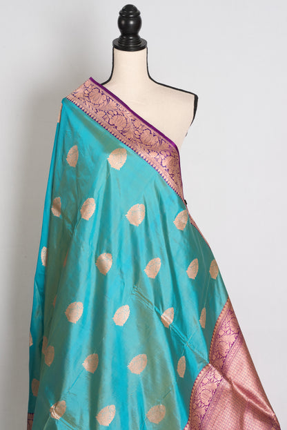 Yasmin : Cyan Blue & Deep Purple Pure Katan Banarasi Silk Saree image 4