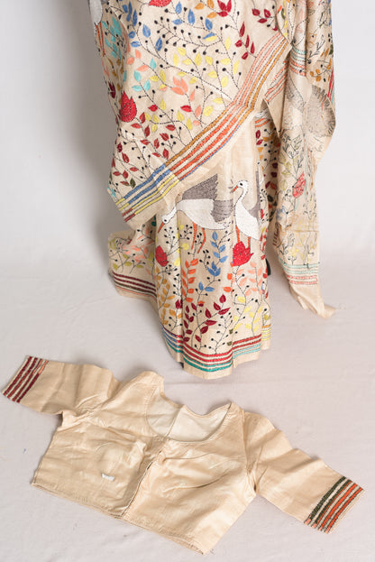 Kala: Kantha Stitch Hand Embroidery Gachi Tussar Saree with Stitched Blouse image 1