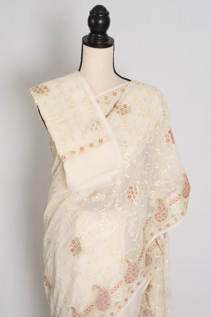 Shaba : Off-White Georgette Embroidered Cocktail Partywear Saree image 2
