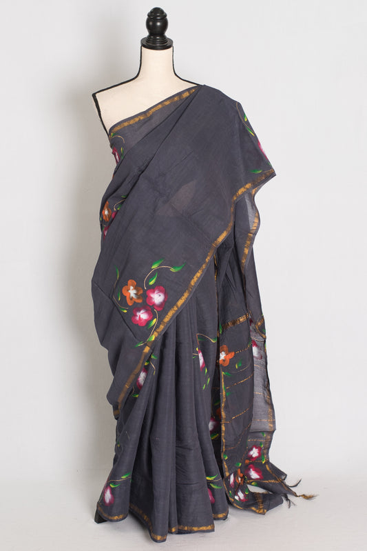 Rama Dark Grey & Gold Hand Painted Chanderi Cotton Saree image 0