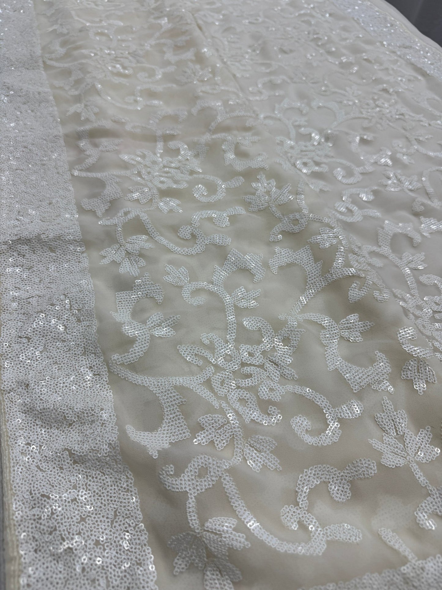 Damini | Ivory White Sequin Georgette Cocktail Saree | Classic Embroidery - Saree Mandi