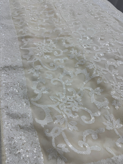 Damini | Ivory White Sequin Georgette Cocktail Saree | Classic Embroidery - Saree Mandi