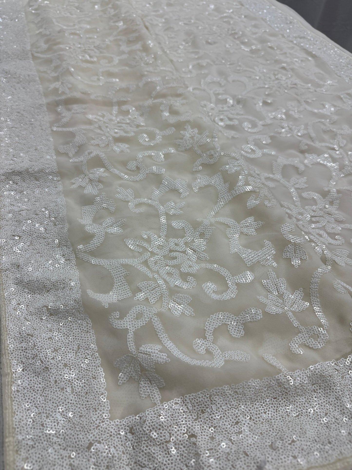 Damini | Ivory White Sequin Georgette Cocktail Saree | Classic Embroidery - Saree Mandi