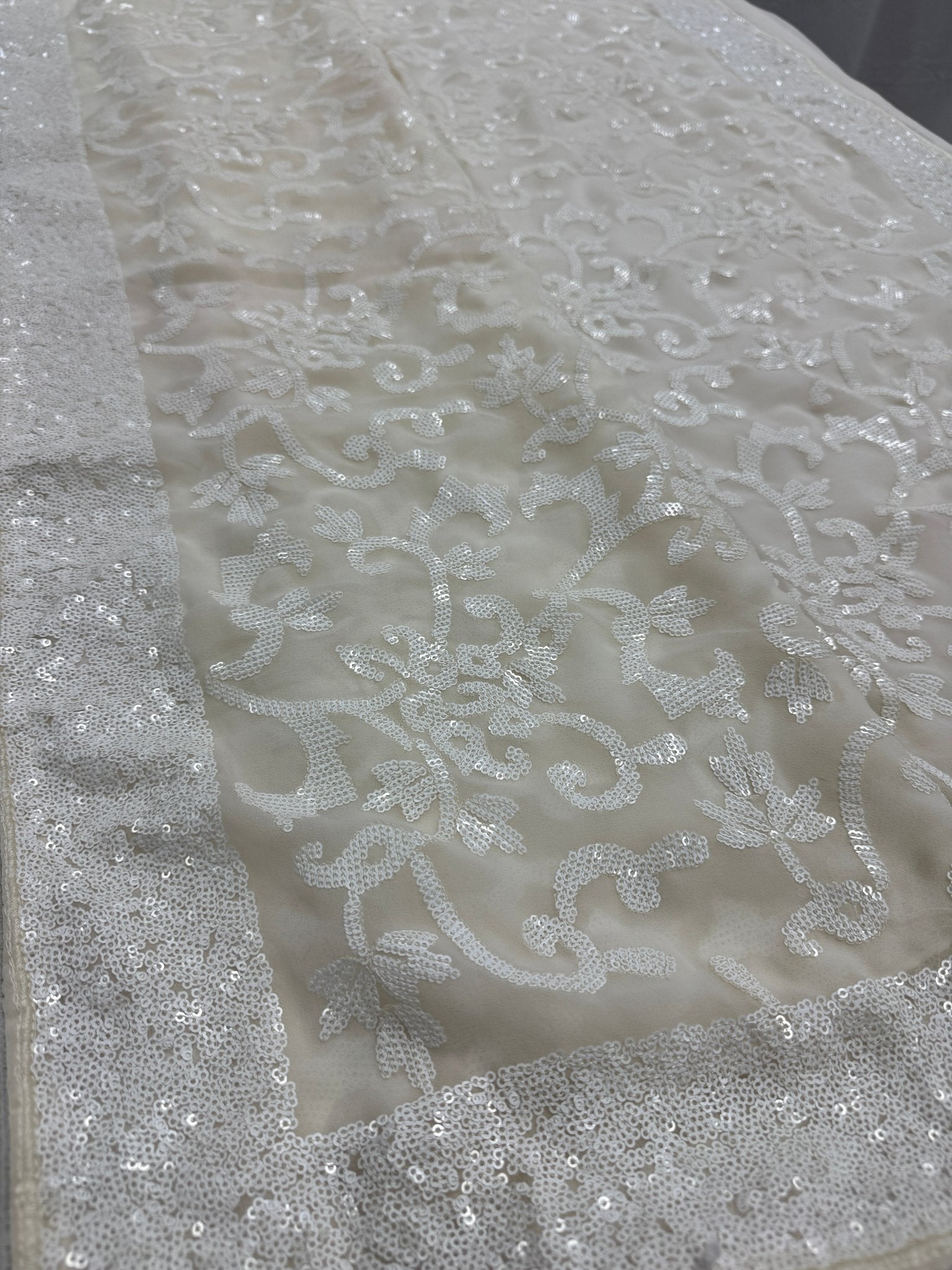 Damini | Ivory White Sequin Georgette Cocktail Saree | Classic Embroidery - Saree Mandi