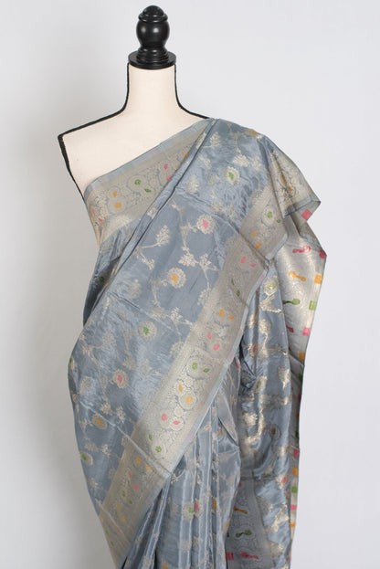 Damini : Semi Crepe Silk Jaal Banarasi Saree in Grey and Muted Gold - Saree Mandi