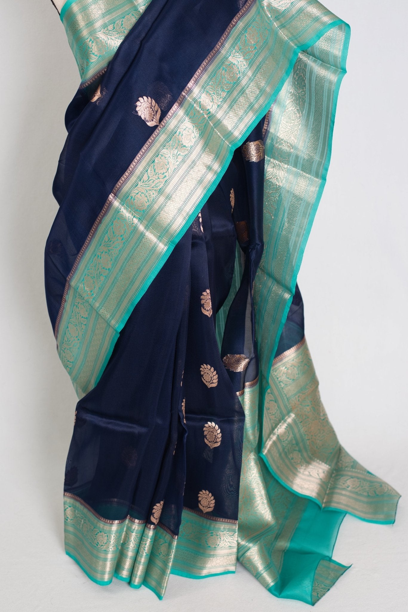 Damini : Silk Mark Certified Organza Banarasi Saree with 36 Size Stitched Blouse - Saree Mandi