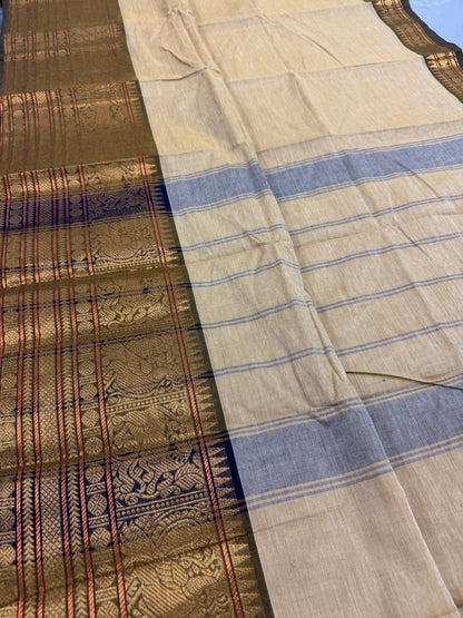 Sanvi : Handwoven Kanchi Cotton Saree in Light Brown and Henna Green image 5