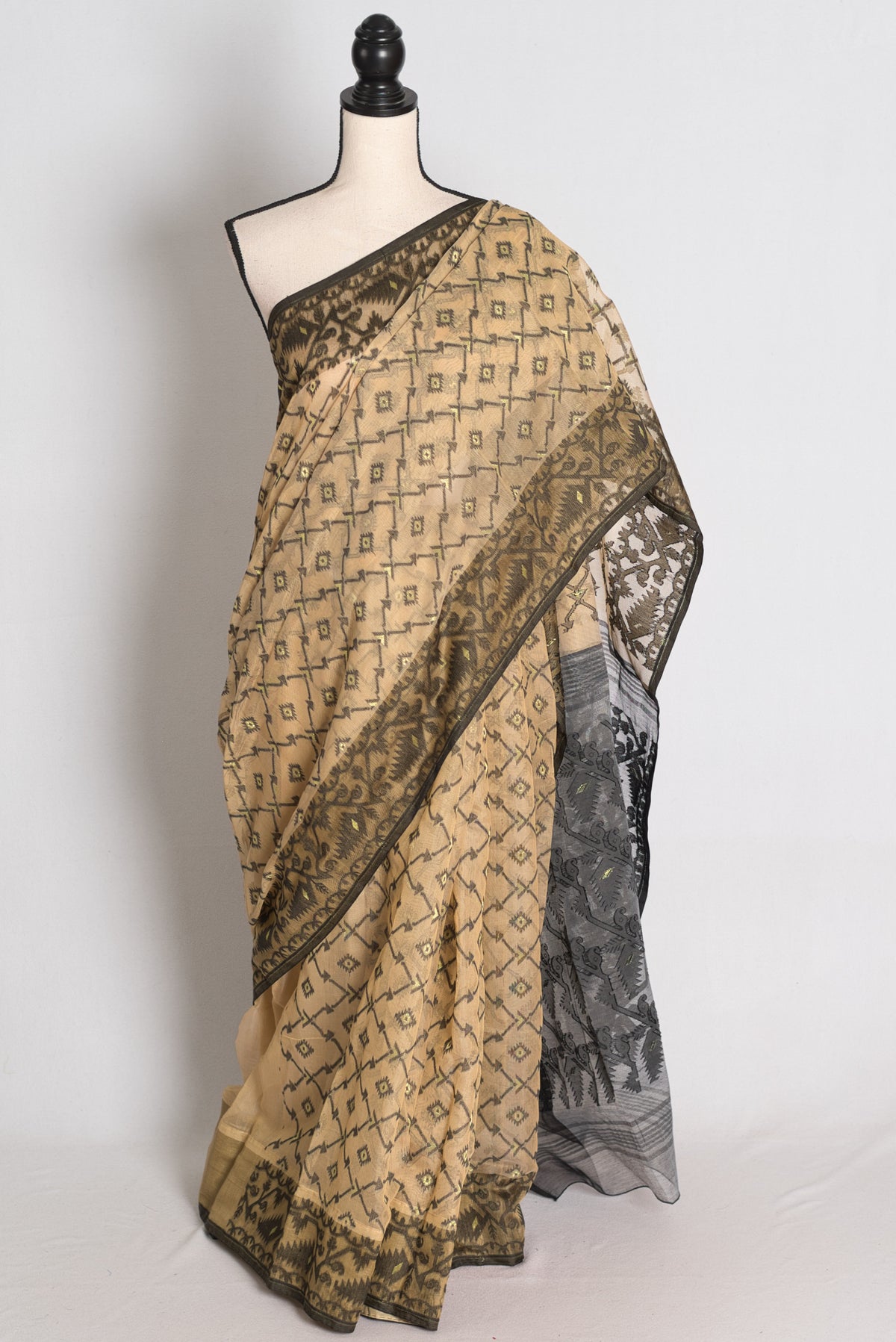 Beige and Black Jamdani saree — view