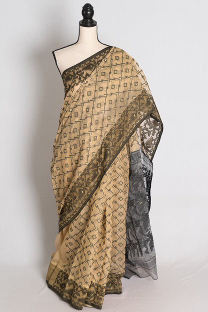Beige and Black Jamdani saree — view