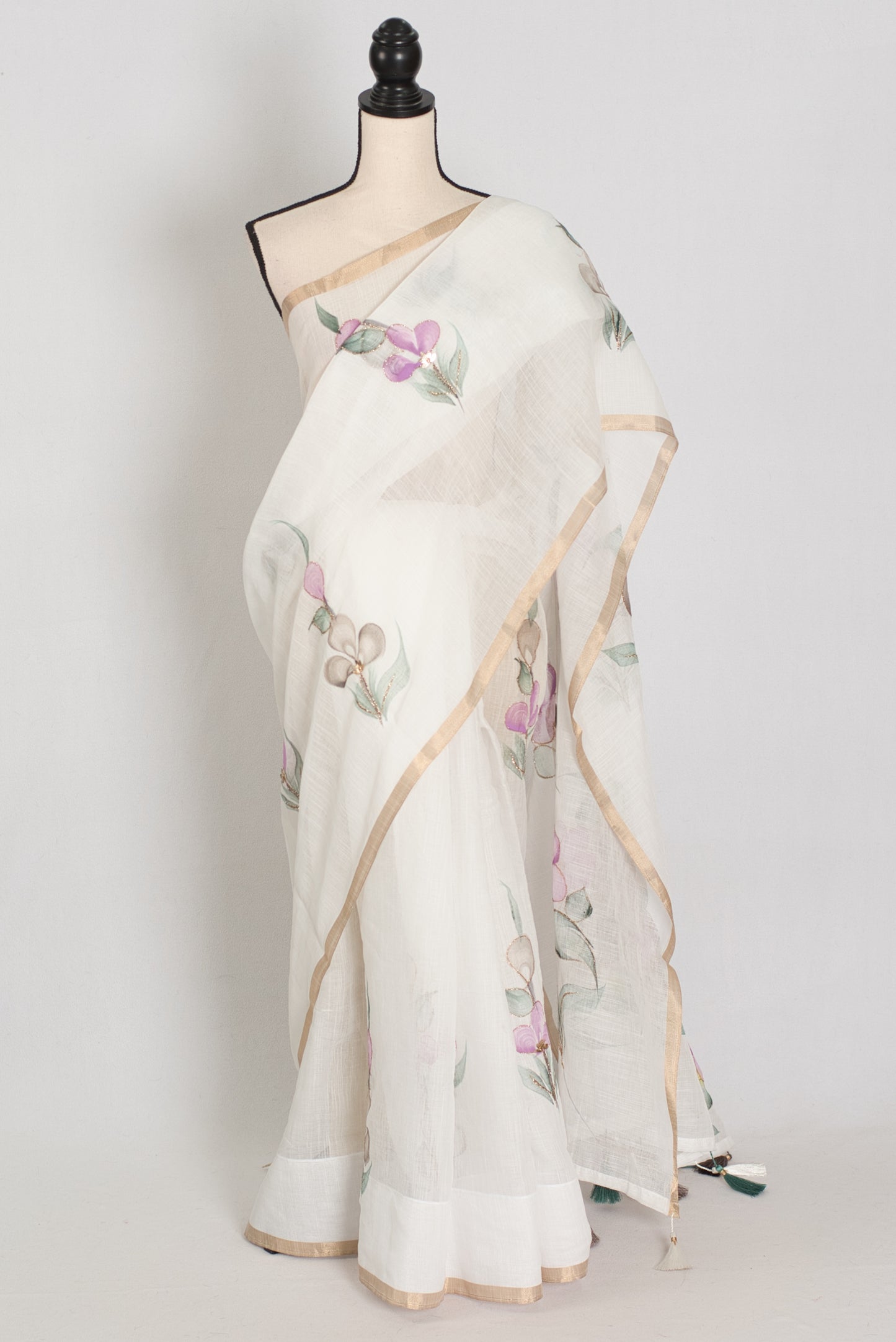 Sree | White Hand-Painted Cotton Saree | Floral Embroidery Highlights image 0