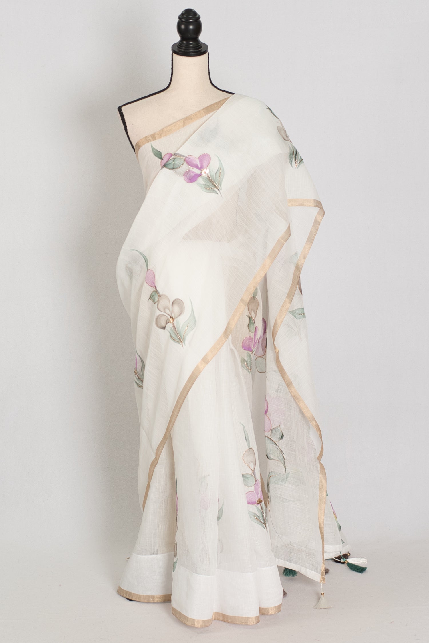Sree | White Hand-Painted Cotton Saree | Floral Embroidery Highlights image 0