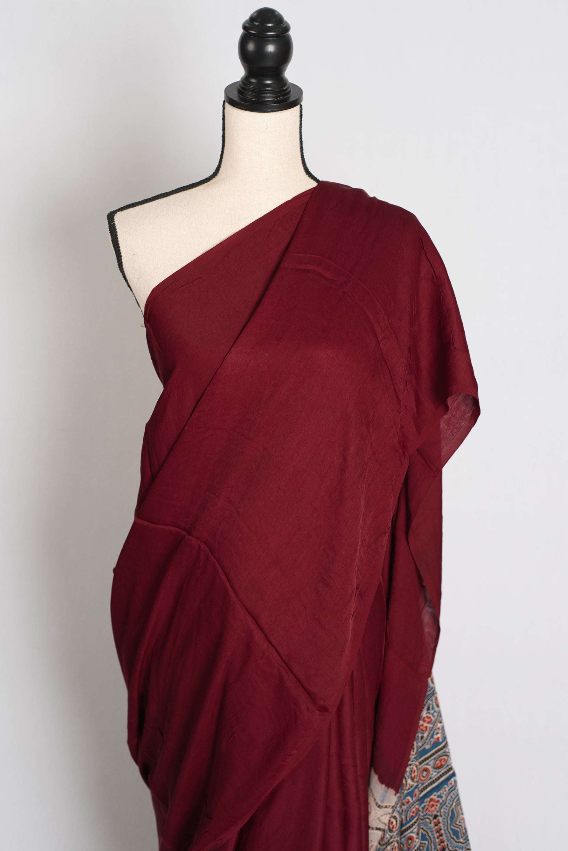 Leela : Dark Red Hand Block Printed Pure Modal Silk Ajrakh Saree image 4