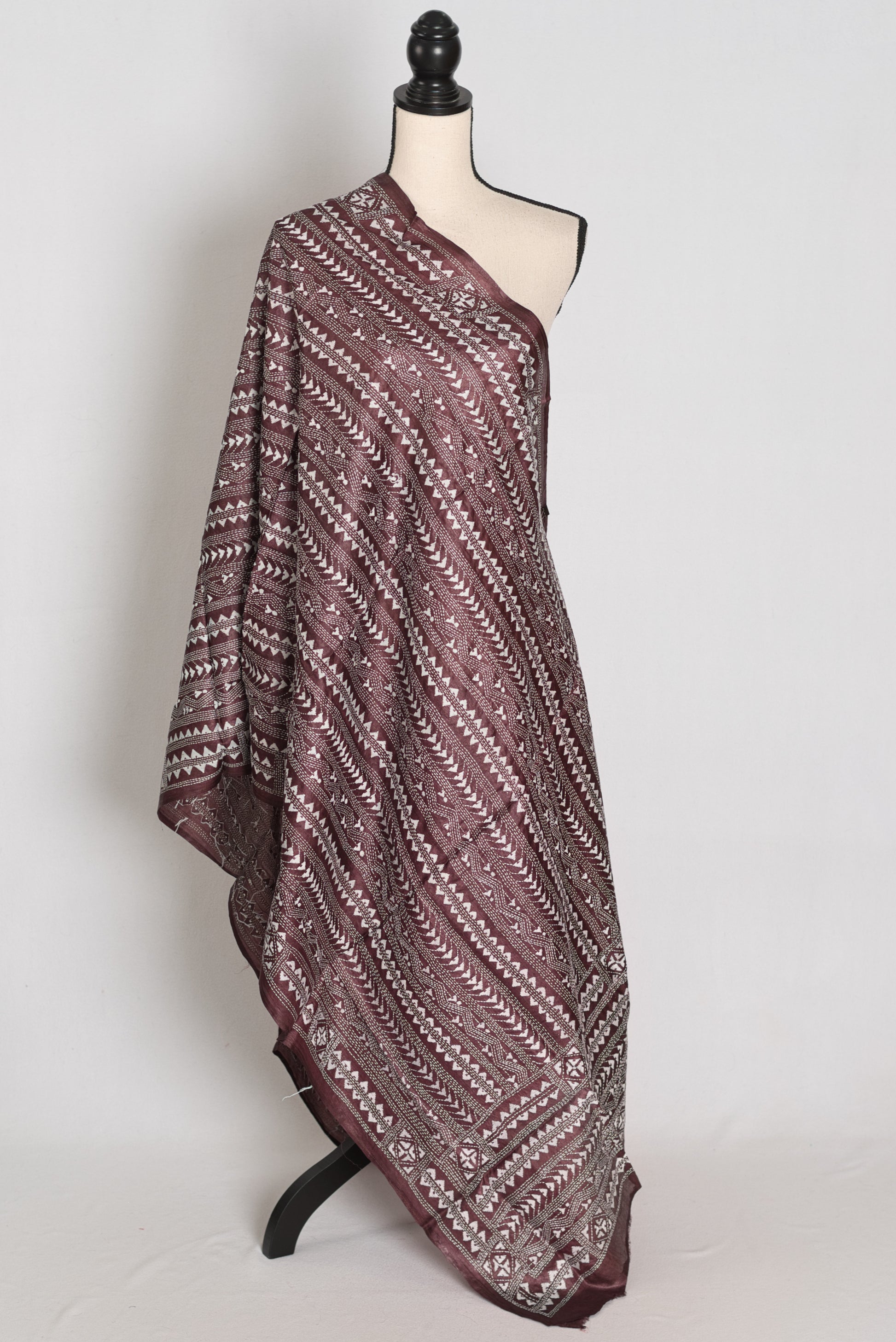 Artisanal West Bengal Dark Brown Pure Desi Tussar Silk Kantha Dupatta image 0